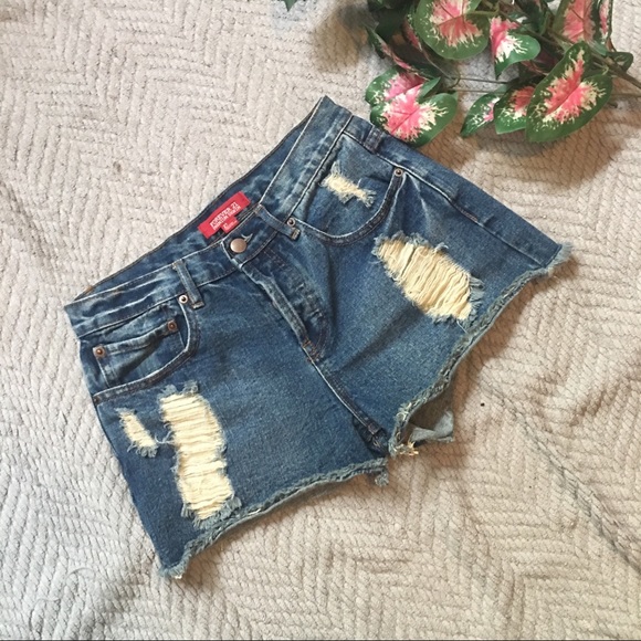 High Waisted Lightly Distressed Denim Shorts. - Picture 1 of 5